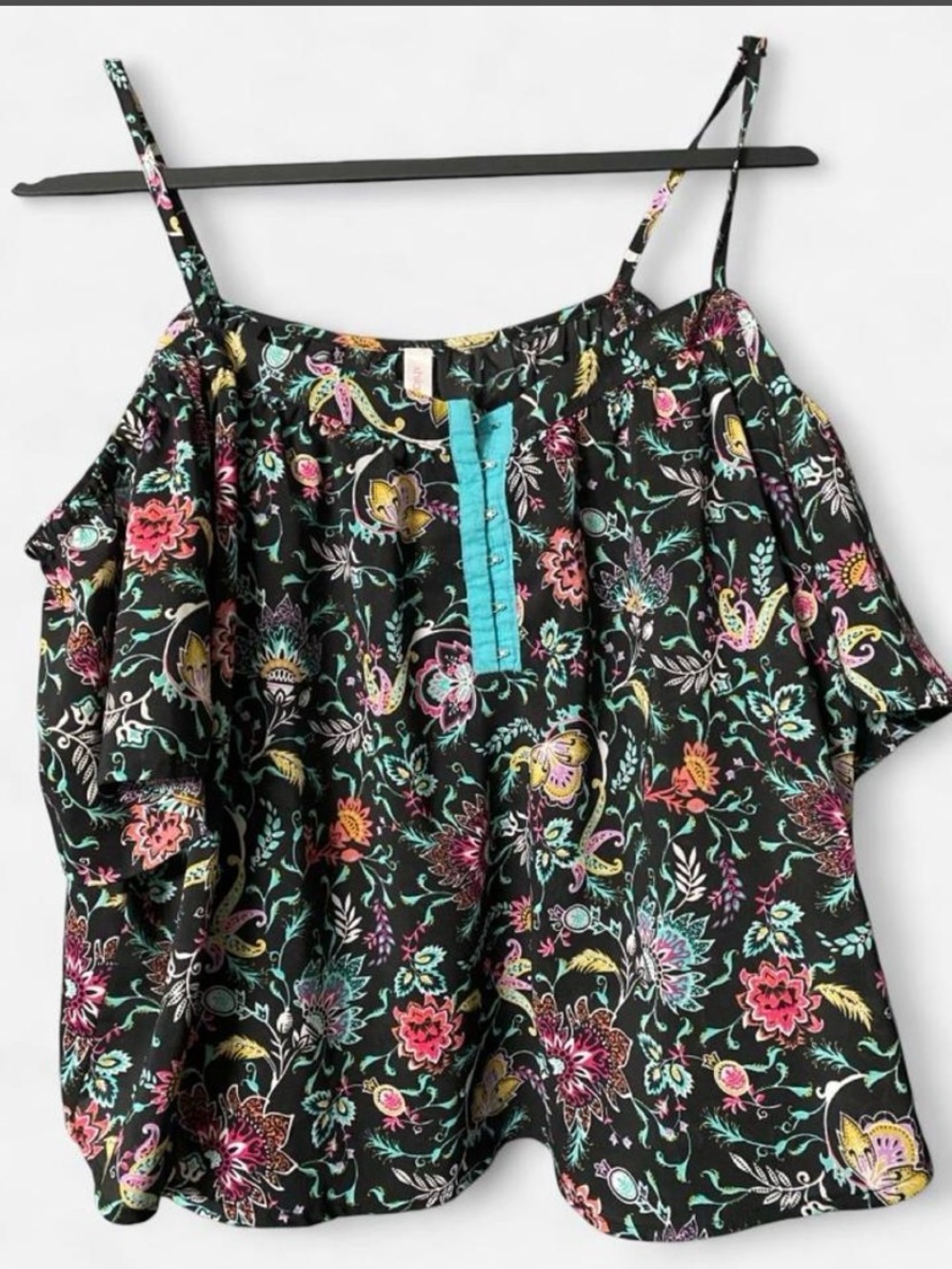 Xhilaration Black Floral Cold-Shoulder Camisole with Turquoise Trim